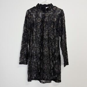 Charles Henry Dress Womens Medium Black Gold Lace Long Sleeve Cocktail Party